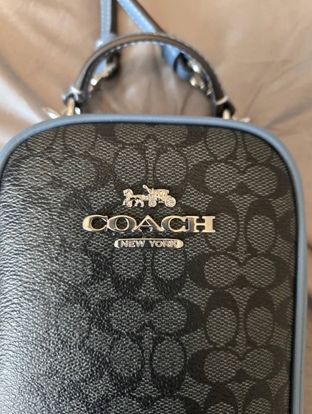 Coach Black Crossbody Phone Pouch with Blue Trim - Picture 2 of 6